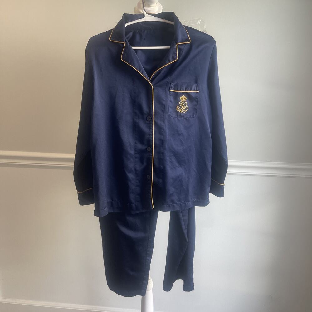 Lauren Ralph Lauren Womens Sz Small Pajama Set Satin Blue Crest Old Money Preppy